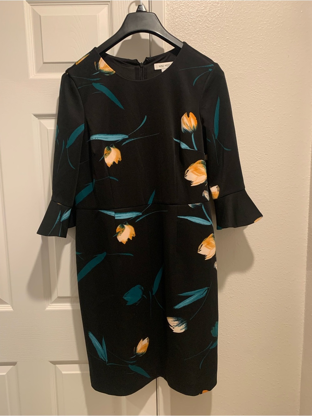Nine West Black Midi Dress with Yellow & Teal Floral Print
